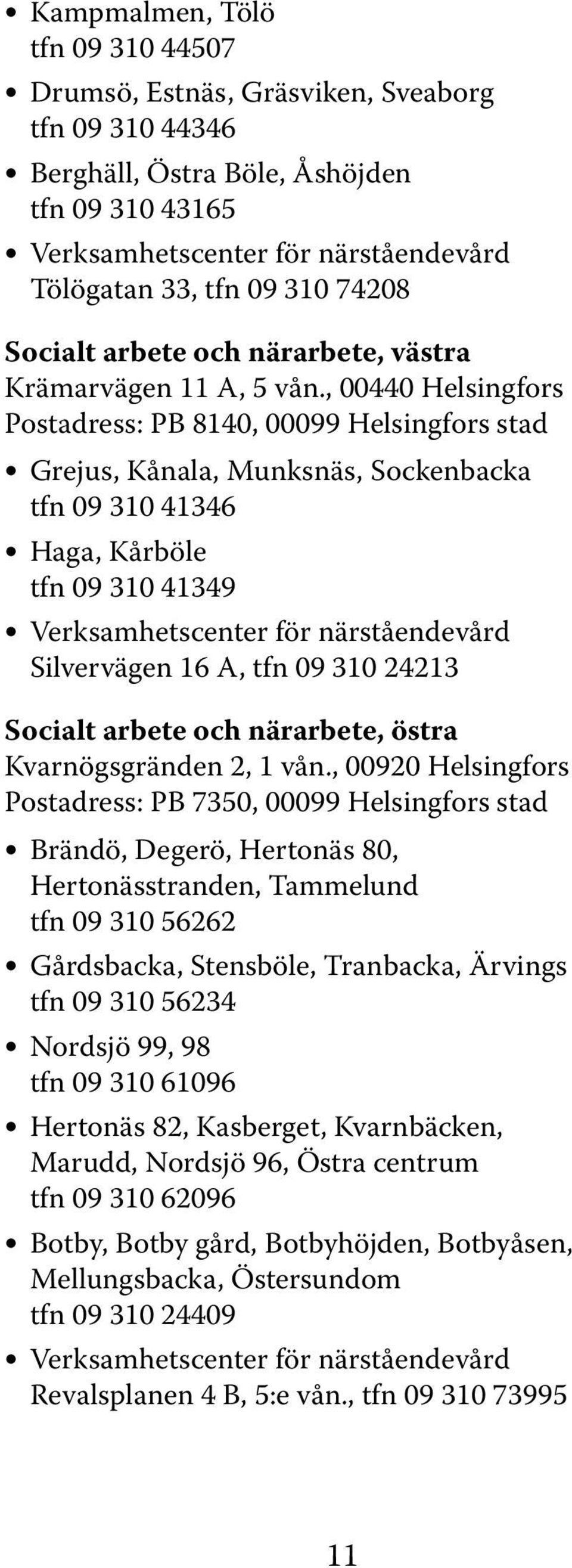 , 00440 Helsingfors Postadress: PB 8140, 00099 Helsingfors stad Grejus, Kånala, Munksnäs, Sockenbacka tfn 09 310 41346 Haga, Kårböle tfn 09 310 41349 Verksamhetscenter för närståendevård Silvervägen