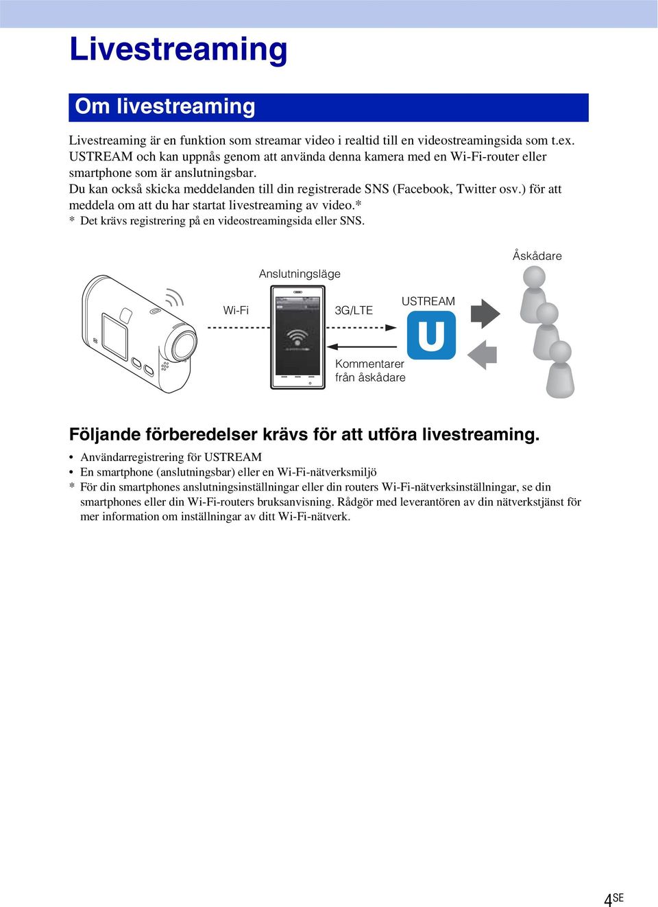 ) för att meddela om att du har startat livestreaming av video.* * Det krävs registrering på en videostreamingsida eller SNS.