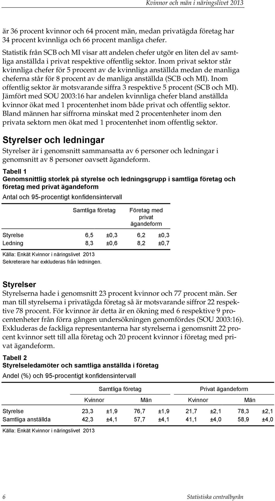 Inom privat sektor står kvinnliga chefer för 5 procent av de kvinnliga anställda medan de manliga cheferna står för 8 procent av de manliga anställda (SCB och MI).