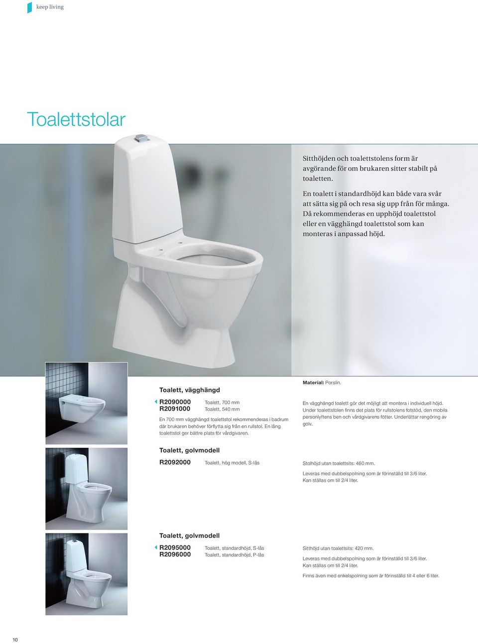 Toalett, vägghängd R2090000 R2091000 Toalett, 700 mm Toalett, 540 mm En 700 mm vägghängd toalettstol rekommenderas i badrum där brukaren behöver förflytta sig från en rullstol.