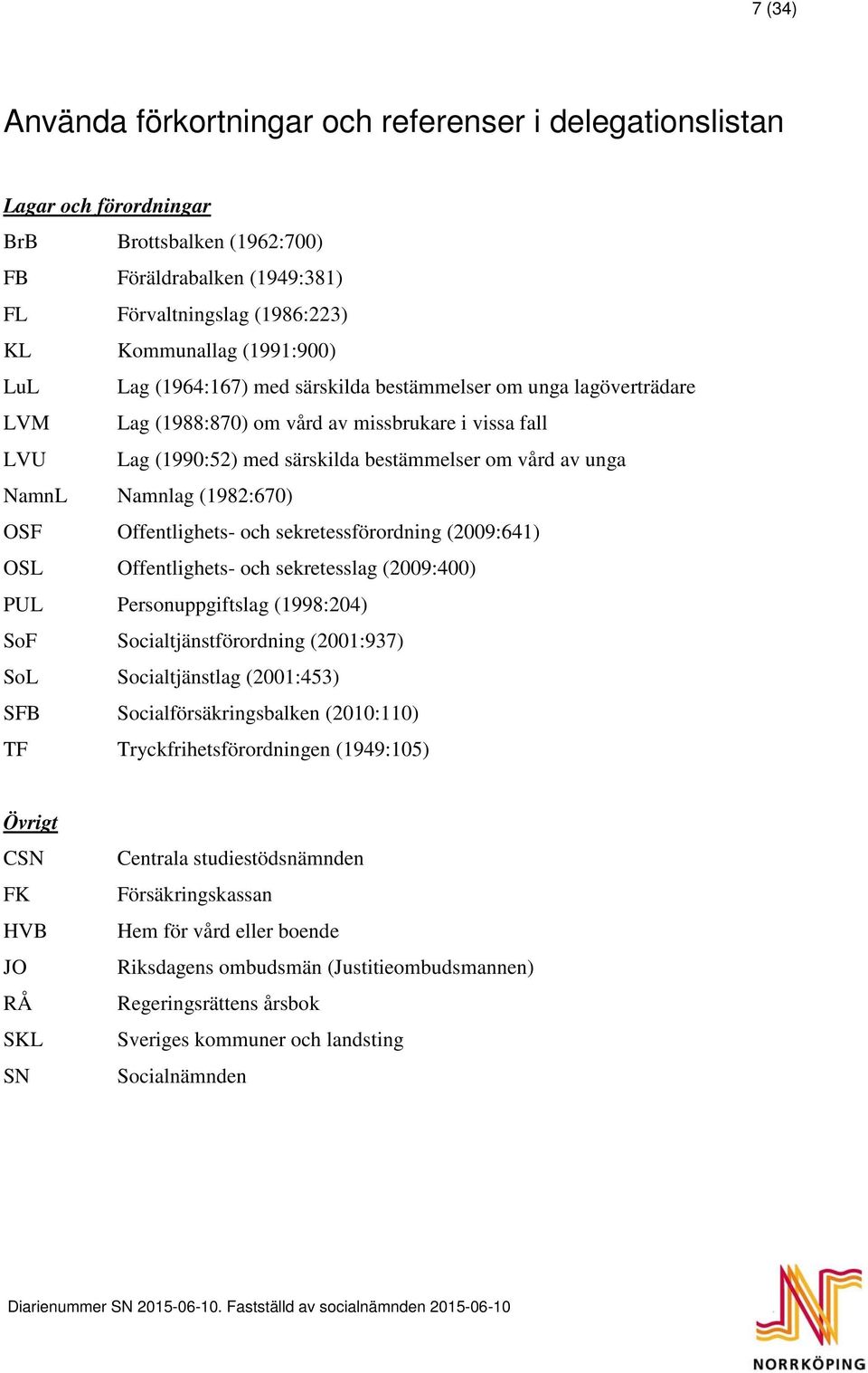 (1982:670) OSF Offentlighets- och sekretessförordning (2009:641) OSL Offentlighets- och sekretesslag (2009:400) PUL Personuppgiftslag (1998:204) SoF Socialtjänstförordning (2001:937) Socialtjänstlag
