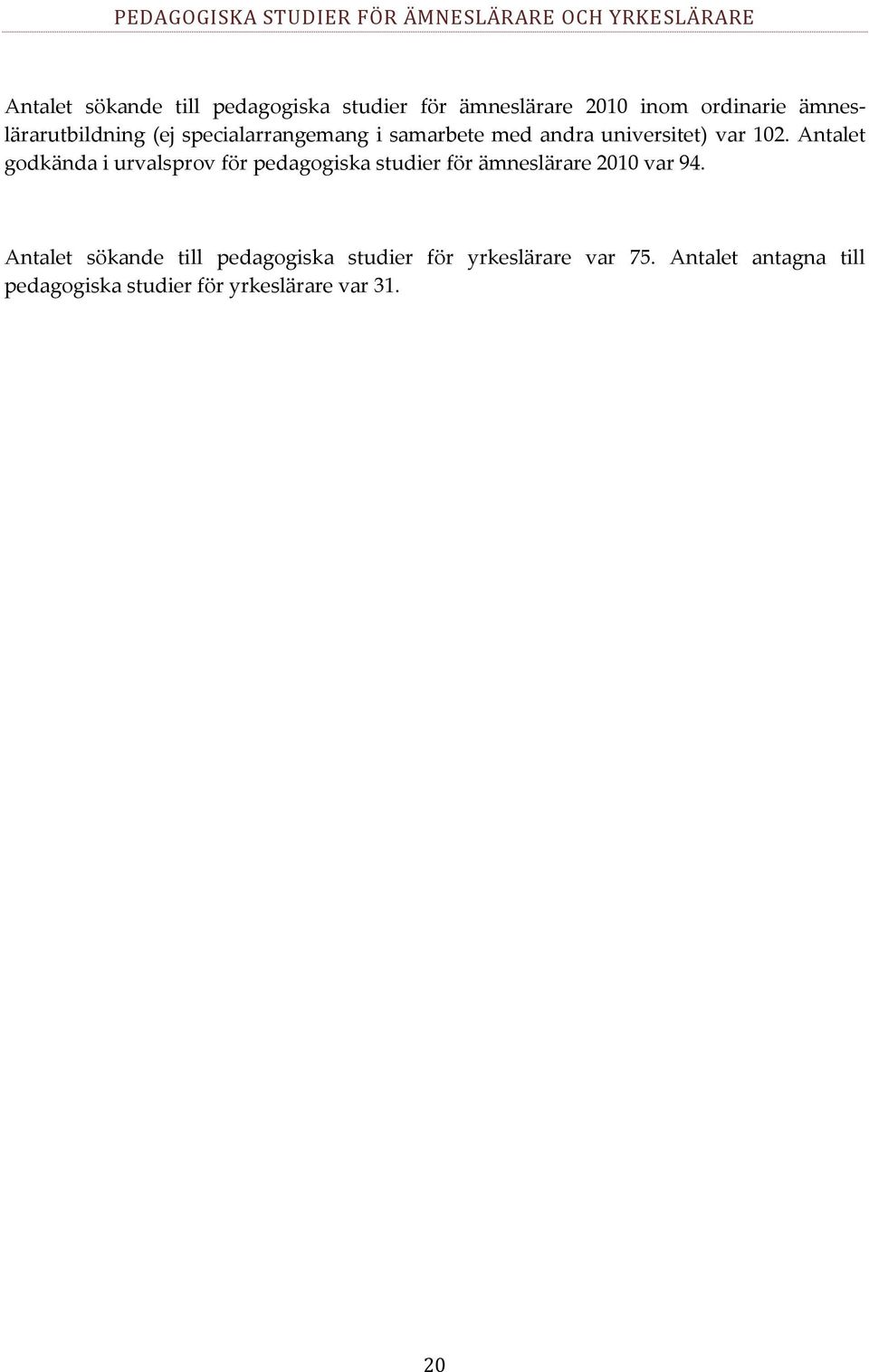 universitet) var 102. Antalet godkända i urvalsprov för pedagogiska studier för ämneslärare 2010 var 94.