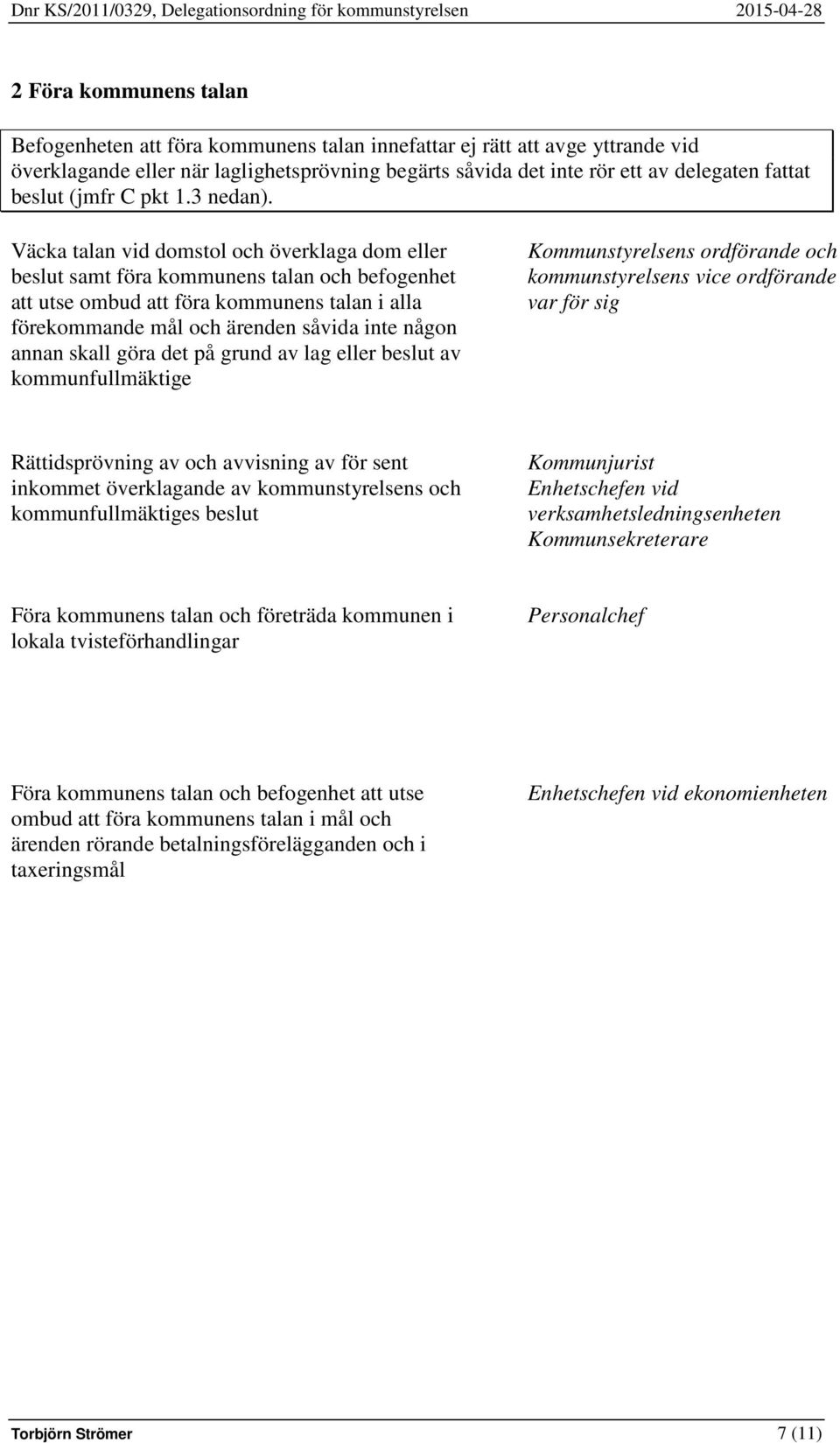 Väcka talan vid domstol och överklaga dom eller beslut samt föra kommunens talan och befogenhet att utse ombud att föra kommunens talan i alla förekommande mål och ärenden såvida inte någon annan