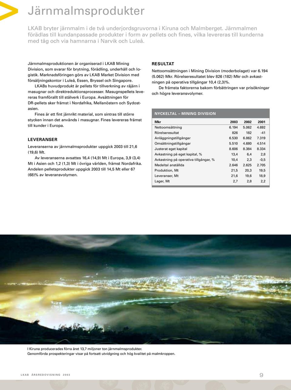 Järnmalmsproduktionen är organiserad i LKAB Mining Division, som svarar för brytning, förädling, underhåll och logistik.