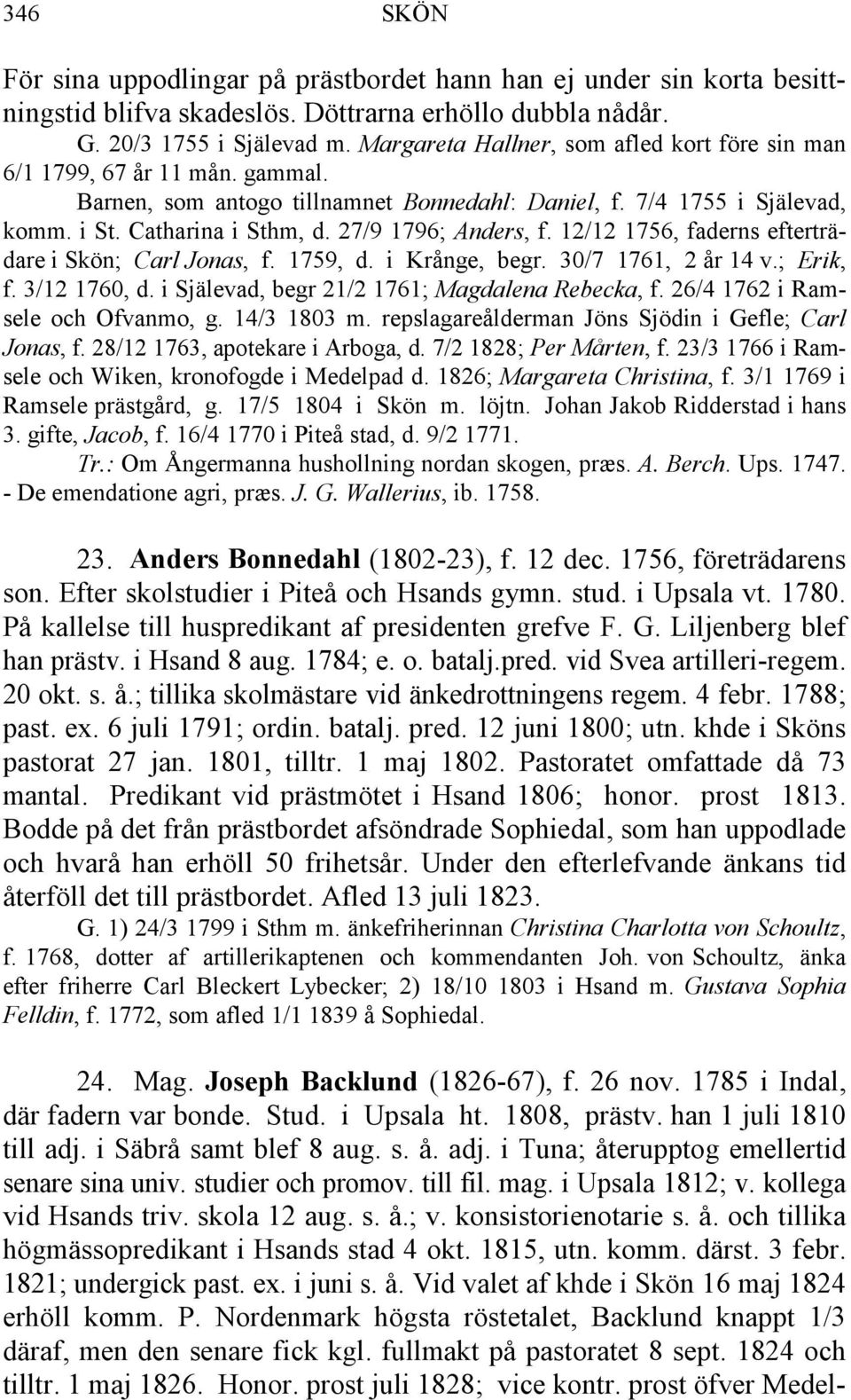 27/9 1796; Anders, f. 12/12 1756, faderns efterträdare i Skön; Carl Jonas, f. 1759, d. i Krånge, begr. 30/7 1761, 2 år 14 v.; Erik, f. 3/12 1760, d. i Själevad, begr 21/2 1761; Magdalena Rebecka, f.