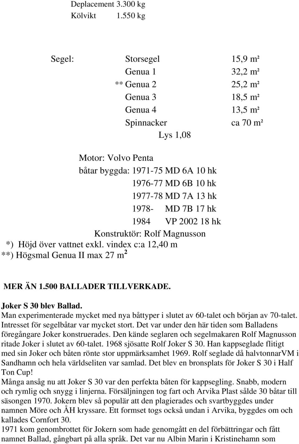 6B 10 hk 1977-78 MD 7A 13 hk 1978- MD 7B 17 hk 1984 VP 2002 18 hk Konstruktör: Rolf Magnusson *) Höjd över vattnet exkl. vindex c:a 12,40 m **) Högsmal Genua II max 27 m 2 MER ÄN 1.