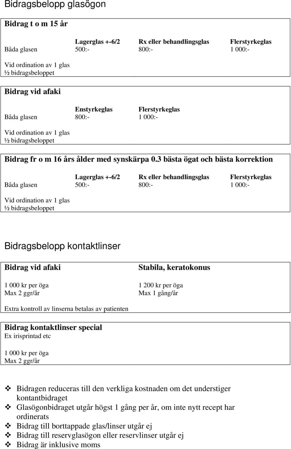 3 bästa ögat och bästa korrektion Lagerglas +-6/2 Rx eller behandlingsglas Flerstyrkeglas Båda glasen 500:- 800:- 1 000:- Vid ordination av 1 glas ½ bidragsbeloppet Bidragsbelopp kontaktlinser Bidrag