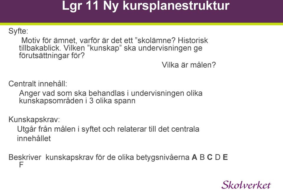 Centralt innehåll: Anger vad som ska behandlas i undervisningen olika kunskapsområden i 3 olika spann