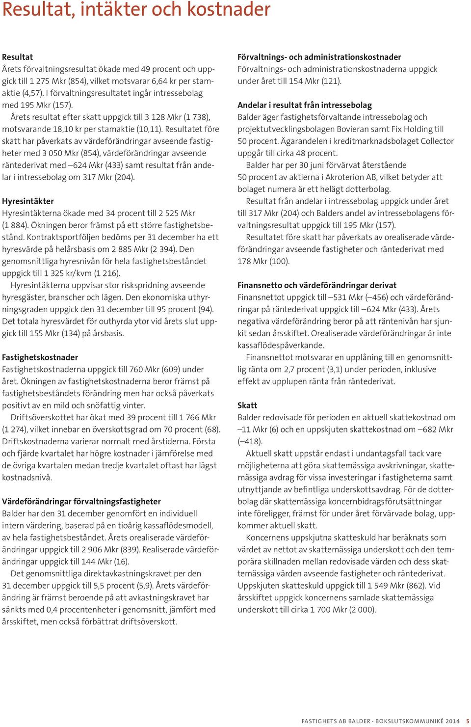 Resultatet före skatt har påverkats av värdeförändringar avseende fastigheter med 3 050 (854), värdeförändringar avseende räntederivat med 624 (433) samt resultat från andelar i intressebolag om 317