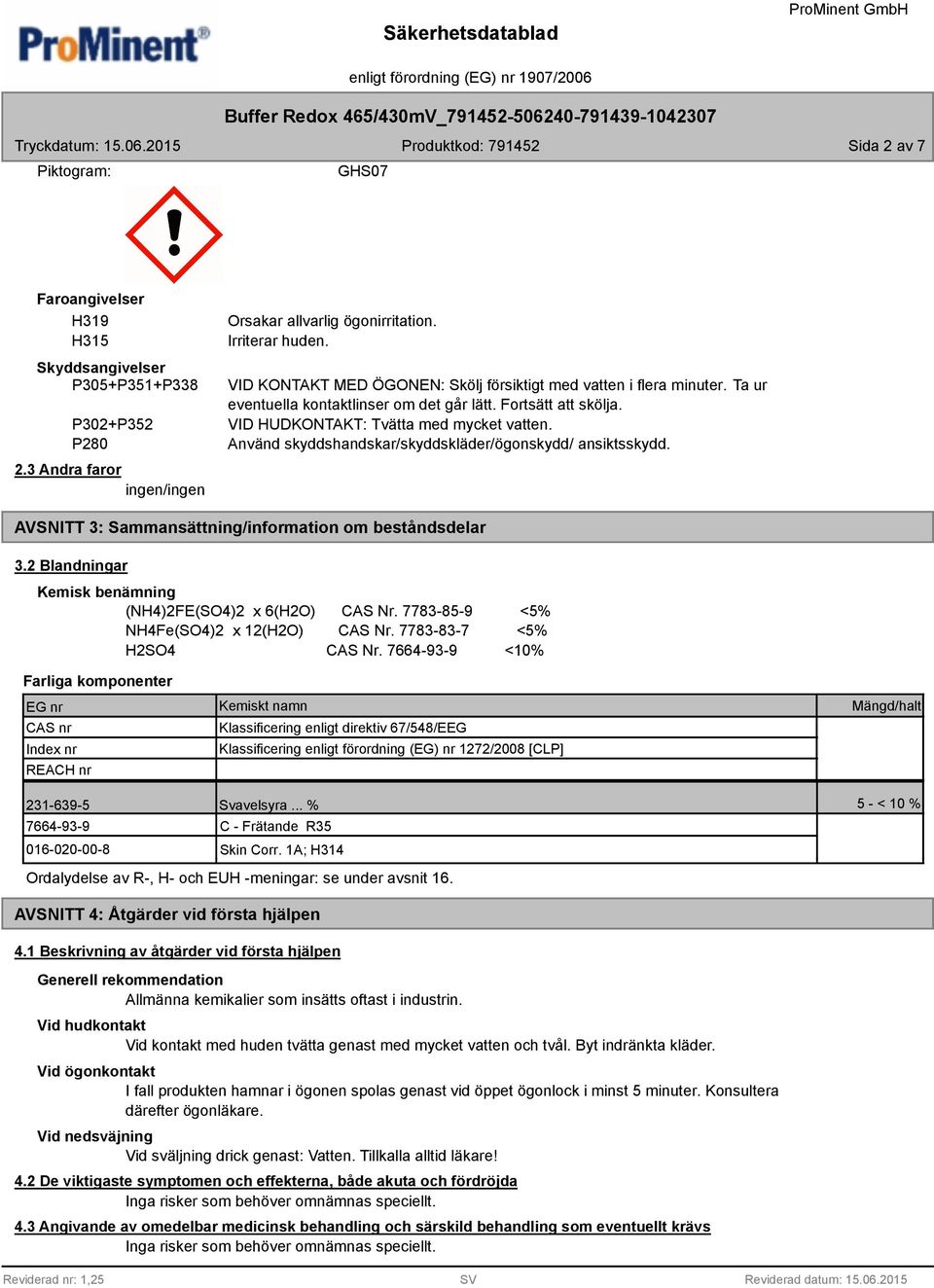 Använd skyddshandskar/skyddskläder/ögonskydd/ ansiktsskydd. AVSNITT 3: Sammansättning/information om beståndsdelar 3.2 Blandningar Kemisk benämning (NH4)2FE(SO4)2 x 6(H2O) CAS Nr.