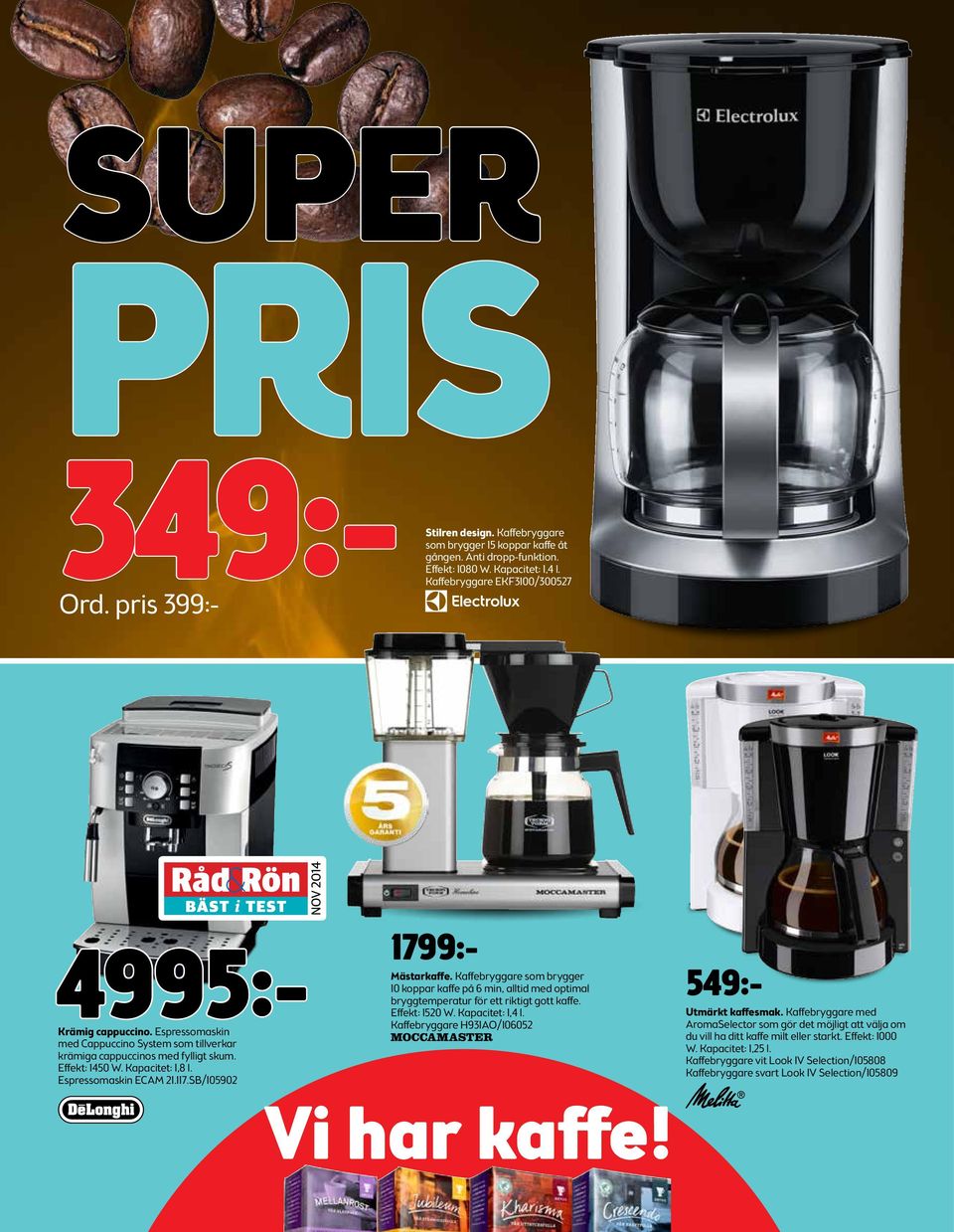Kaffebryggare som brygger 10 koppar kaffe på 6 min, alltid med optimal bryggtemperatur för ett riktigt gott kaffe. Effekt: 1520 W. Kapacitet: 1,4 l. Kaffebryggare H931AO/106052 PRIS 349:- Ord.