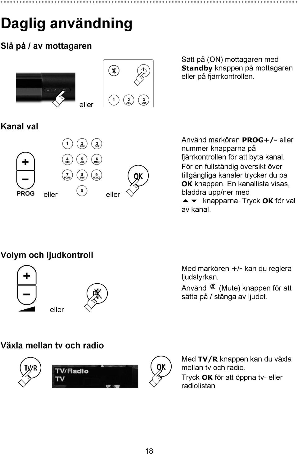 För en fullständig översikt över tillgängliga kanaler trycker du på OK knappen. En kanallista visas, bläddra upp/ner med knapparna. Tryck OK för val av kanal.