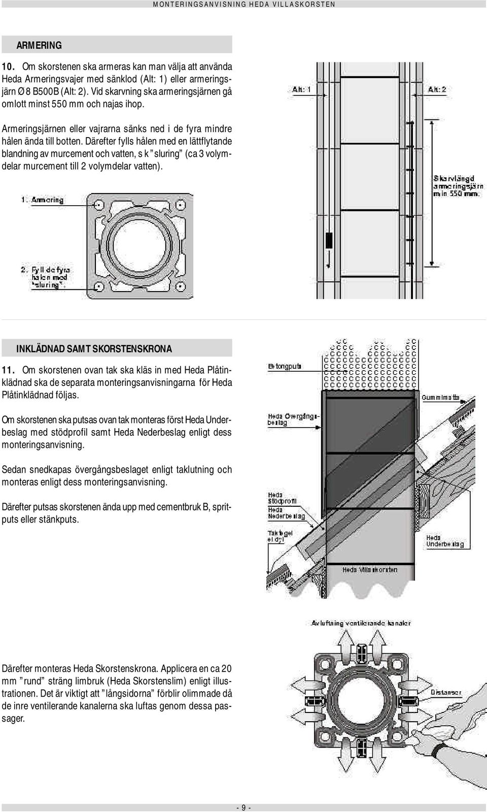Därefter fylls hålen med en lättflytande blandning av murcement och vatten, s k sluring (ca 3 volymdelar murcement till 2 volymdelar vatten). INKLÄDNAD SAMT SKORSTENSKRONA 11.