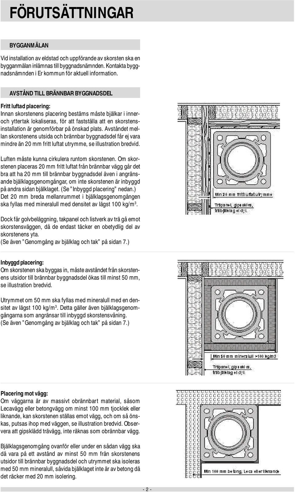 genomförbar på önskad plats. Avståndet mellan skorstenens utsida och brännbar byggnadsdel får ej vara mindre än 20 mm fritt luftat utrymme, se illustration bredvid.