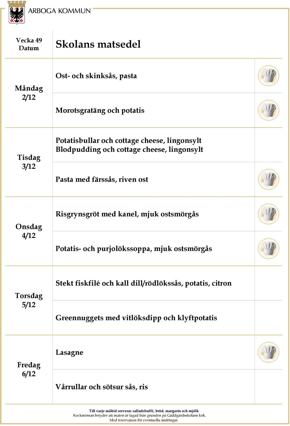 kanel, mjuk ostsmörgås Potatis- och purjolökssoppa, mjuk ostsmörgås 5/12 Stekt fiskfilé och kall