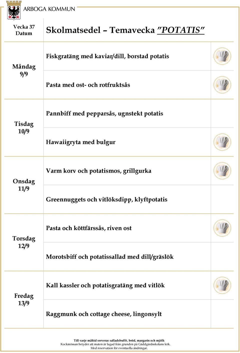 grillgurka Greennuggets och vitlöksdipp, klyftpotatis 12/9 Pasta och köttfärssås, riven ost Morotsbiff och