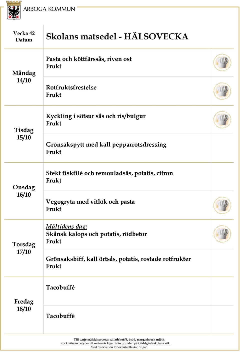 remouladsås, potatis, citron Frukt Vegogryta med vitlök och pasta Frukt 17/10 Måltidens dag: Skånsk kalops