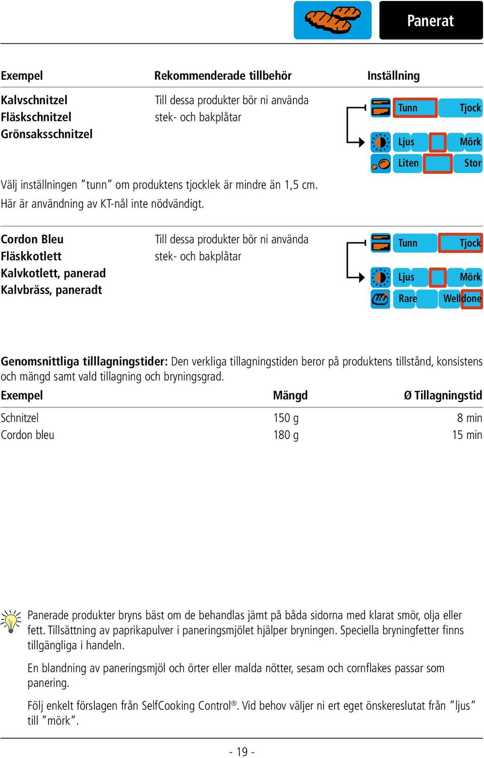 beror på produktens tillstånd, konsistens och mängd samt vald tillagning och bryningsgrad.