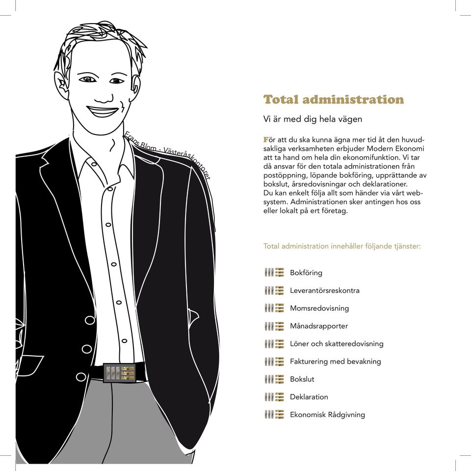 Vi tar då ansvar för den totala administrationen från postöppning, löpande bokföring, upprättande av bokslut, årsredovisningar och deklarationer.