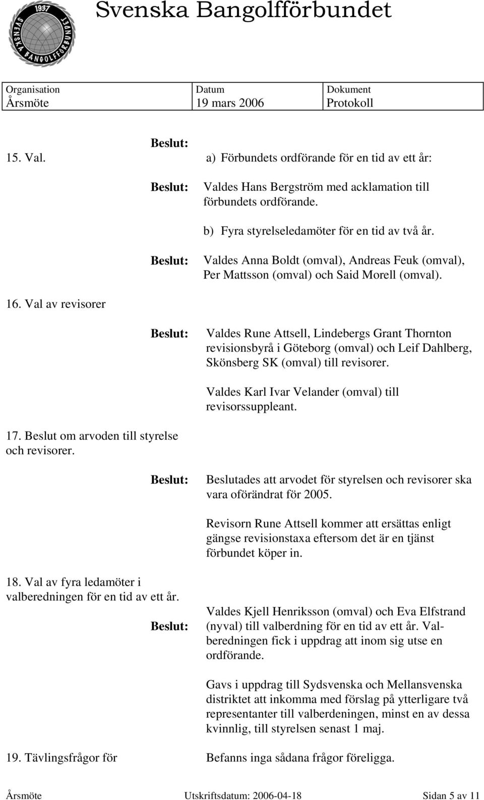 Valdes Rune Attsell, Lindebergs Grant Thornton revisionsbyrå i Göteborg (omval) och Leif Dahlberg, Skönsberg SK (omval) till revisorer. Valdes Karl Ivar Velander (omval) till revisorssuppleant. 17.