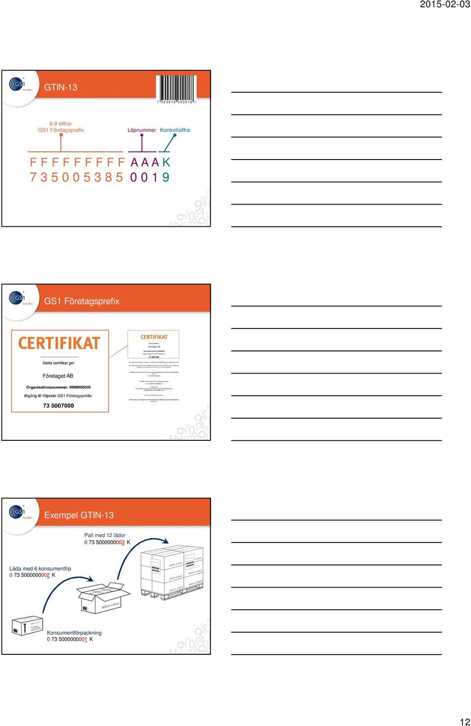 Företaget AB Exempel GTIN-13 Pall med 12 lådor 0 73 5000000003 K Låda med
