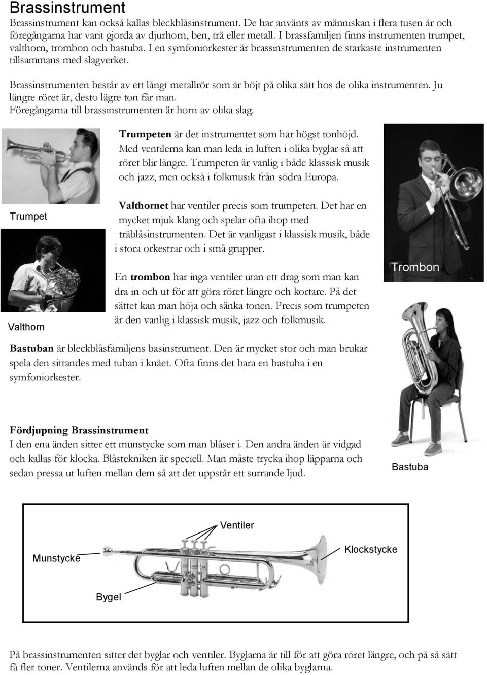 Brassinstrumenten består av ett långt metallrör som är böjt på olika sätt hos de olika instrumenten. Ju längre röret är, desto lägre ton får man.