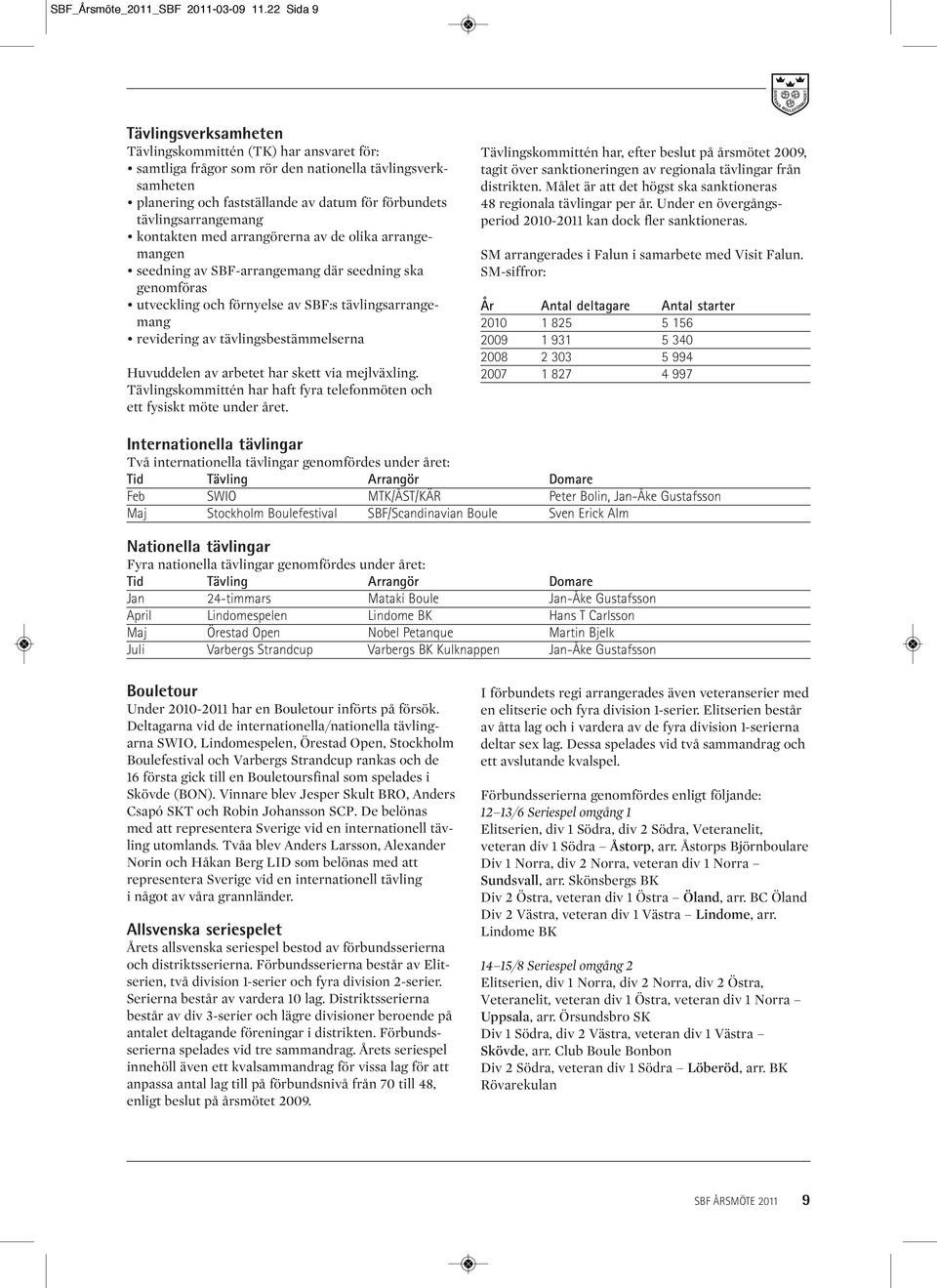 tävlingsarrangemang kontakten med arrangörerna av de olika arrangemangen seedning av SBF-arrangemang där seedning ska genomföras utveckling och förnyelse av SBF:s tävlingsarrangemang revidering av