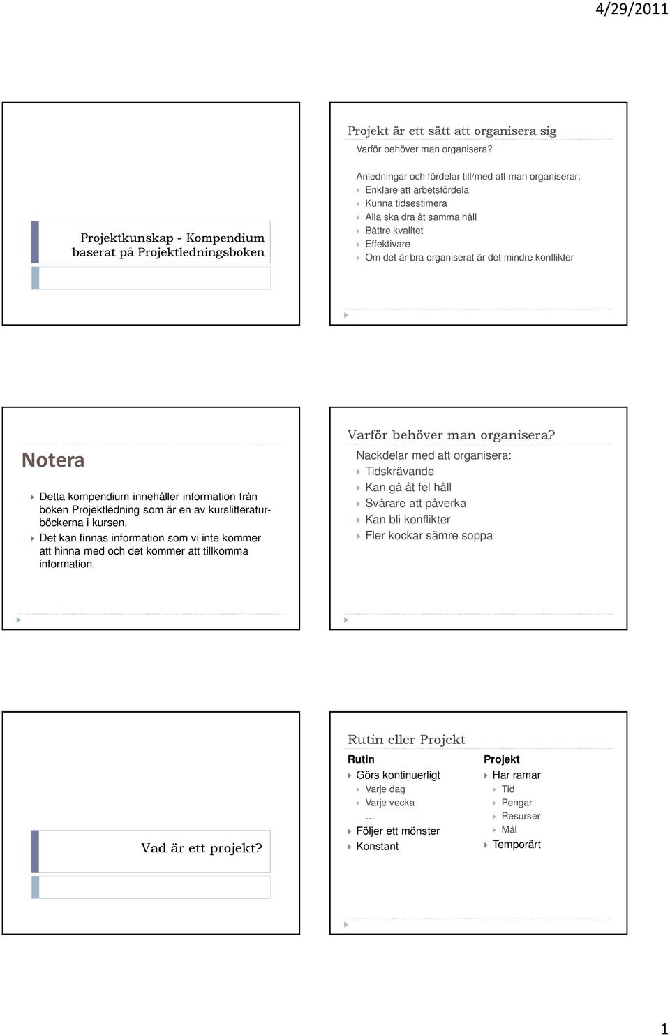 kvalitet Effektivare Om det är bra organiserat är det mindre konflikter Notera Detta kompendium innehåller information från boken Projektledning som är en av kurslitteraturböckerna i kursen.