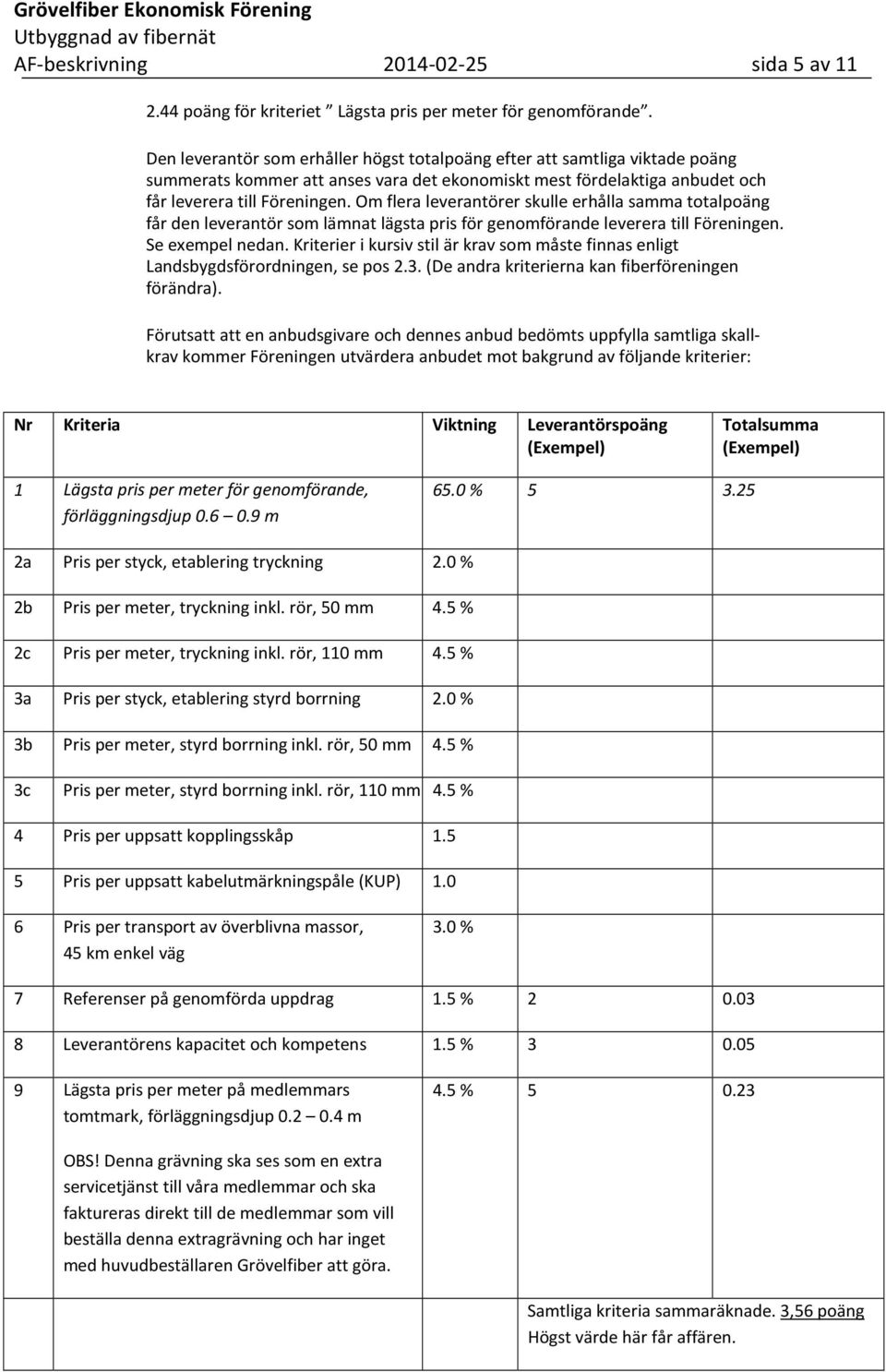 Om flera leverantörer skulle erhålla samma totalpoäng får den leverantör som lämnat lägsta pris för genomförande leverera till Föreningen. Se exempel nedan.