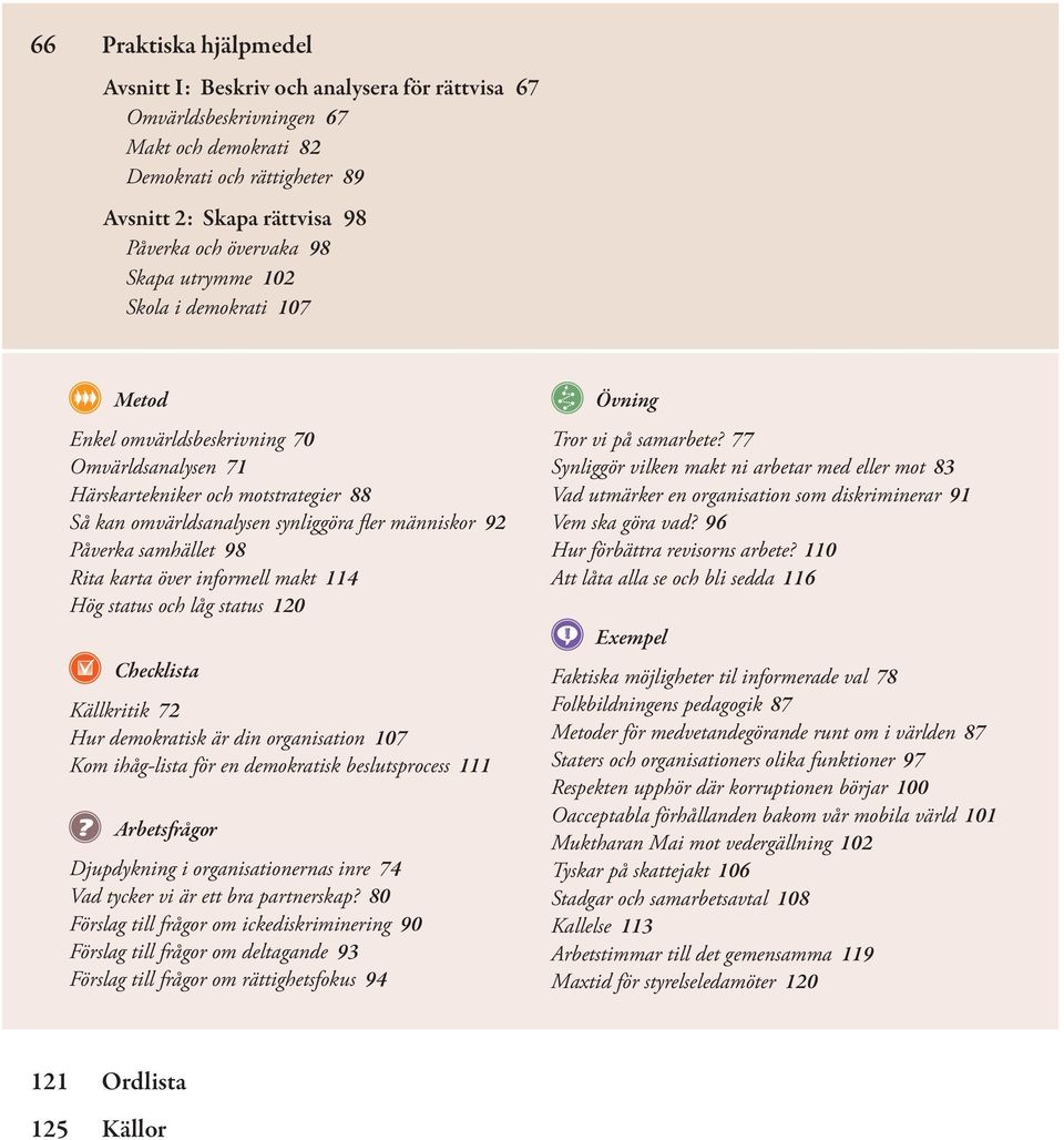 samhället 98 Rita karta över informell makt 114 Hög status och låg status 120 Checklista Källkritik 72 Hur demokratisk är din organisation 107 Kom ihåg-lista för en demokratisk beslutsprocess 111