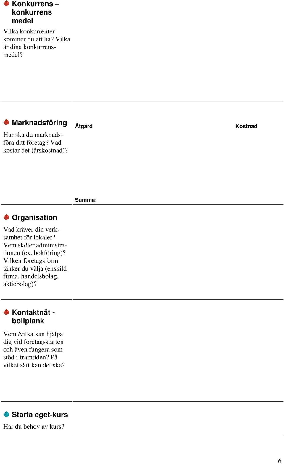 Åtgärd Kostnad Summa: Organisation Vad kräver din verksamhet för lokaler? Vem sköter administrationen (ex. bokföring)?