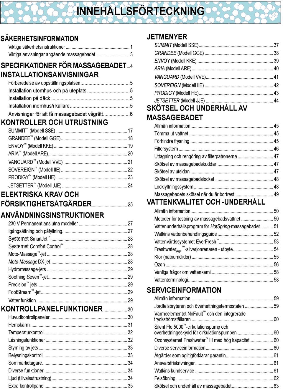 ..5 Anvisningar för att få massagebadet vågrätt...6 Kontroller och utrustning Summit (Modell SSE)... 17 GRANDEE (Modell GGE)... 18 Envoy (Modell KKE)... 19 ARIA (Modell ARE)... 20 VANGUARD (Modell VVE).