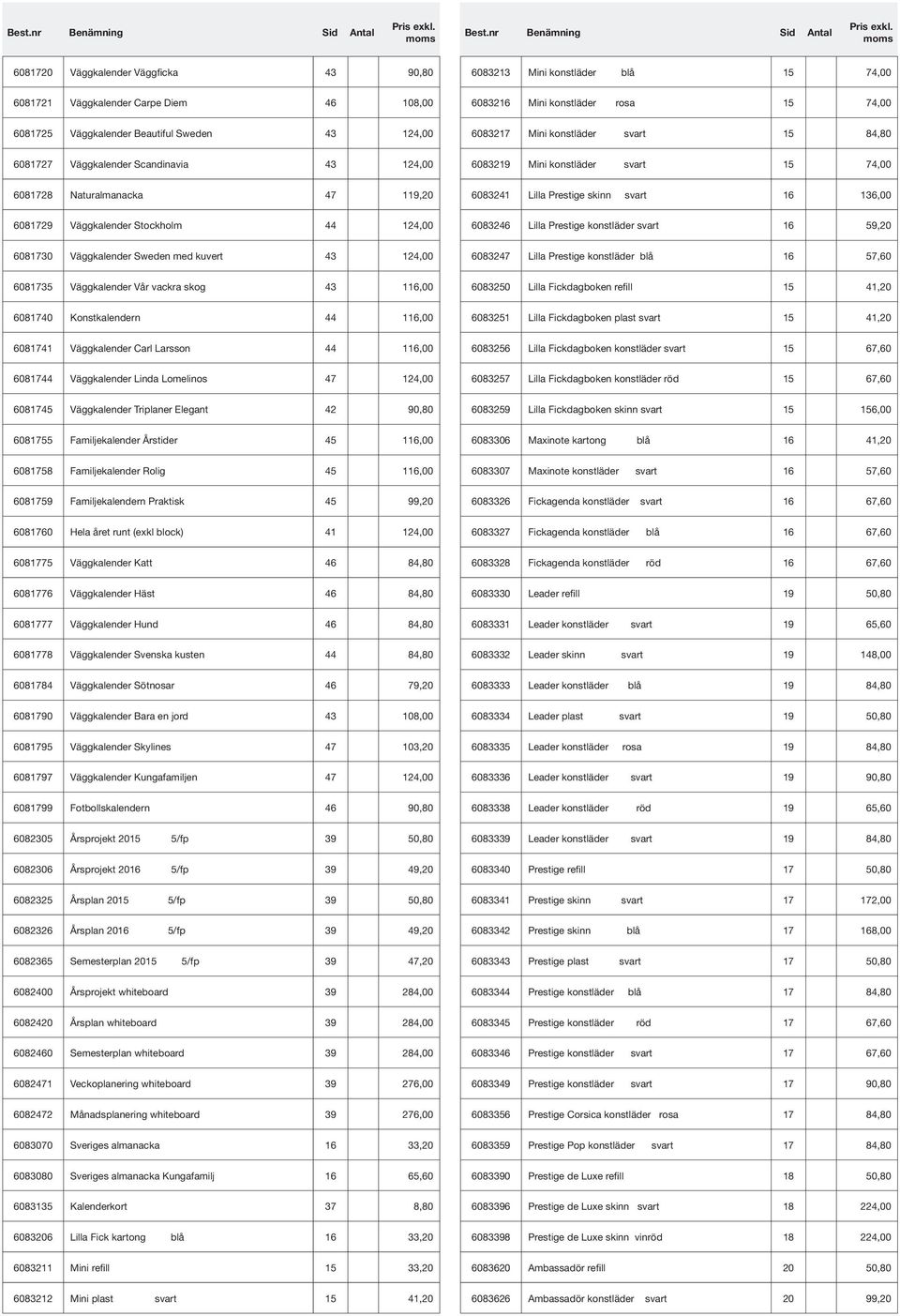 136,00 6081729 Väggkalender Stockholm 44 124,00 6083246 Lilla Prestige konstläder svart 16 59,20 6081730 Väggkalender Sweden med kuvert 43 124,00 6083247 Lilla Prestige konstläder blå 16 57,60