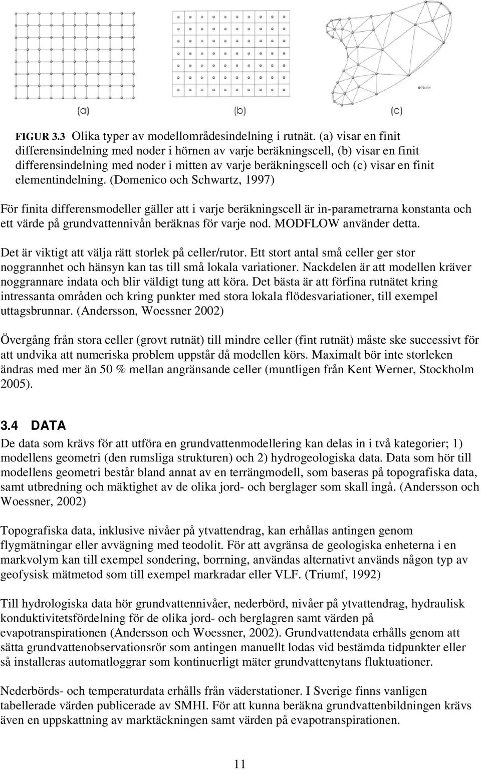 elementindelning. (Domenico och Schwartz, 1997) För finita differensmodeller gäller att i varje beräkningscell är in-parametrarna konstanta och ett värde på grundvattennivån beräknas för varje nod.