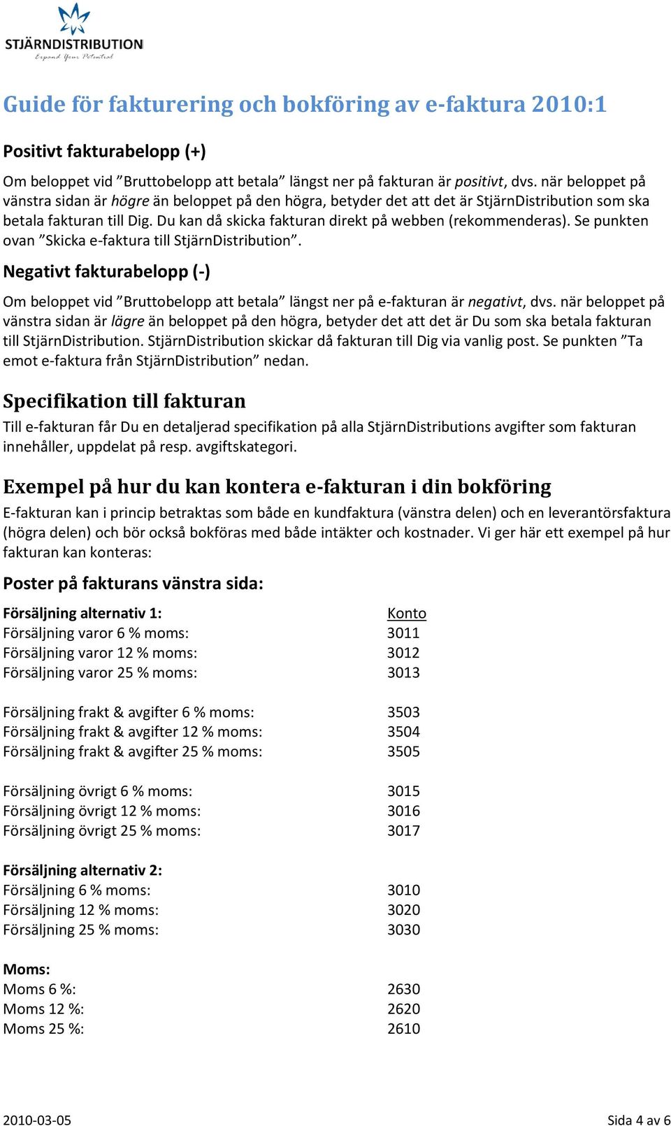 Se punkten ovan Skicka e-faktura till StjärnDistribution. Negativt fakturabelopp (-) Om beloppet vid Bruttobelopp att betala längst ner på e-fakturan är negativt, dvs.