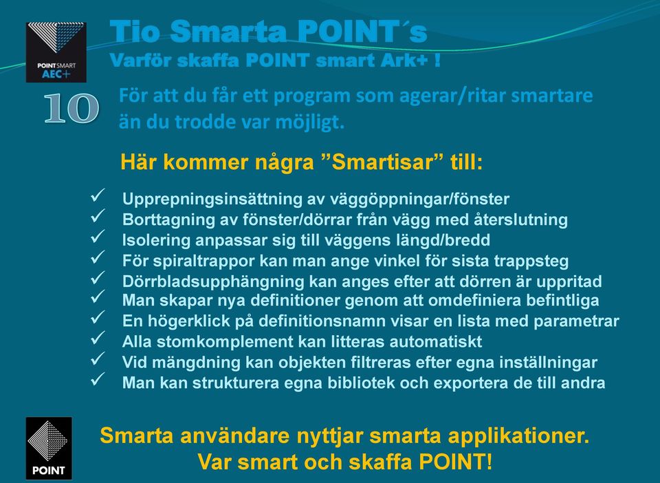 För spiraltrappor kan man ange vinkel för sista trappsteg Dörrbladsupphängning kan anges efter att dörren är uppritad Man skapar nya definitioner genom att omdefiniera befintliga En