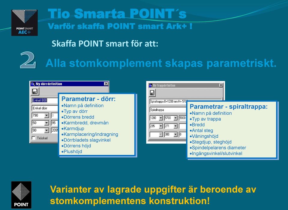 Karmplacering/indragning Dörrbladets slagvinkel Dörrens höjd Plushöjd Parametrar - spiraltrappa: Namn på