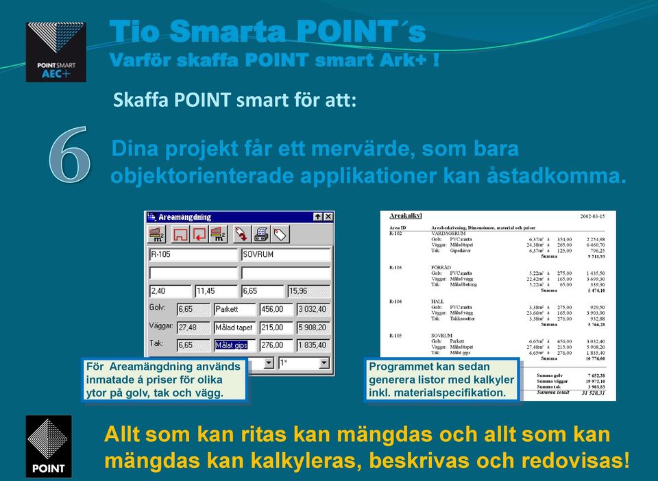 Programmet kan sedan generera listor med kalkyler inkl. materialspecifikation.