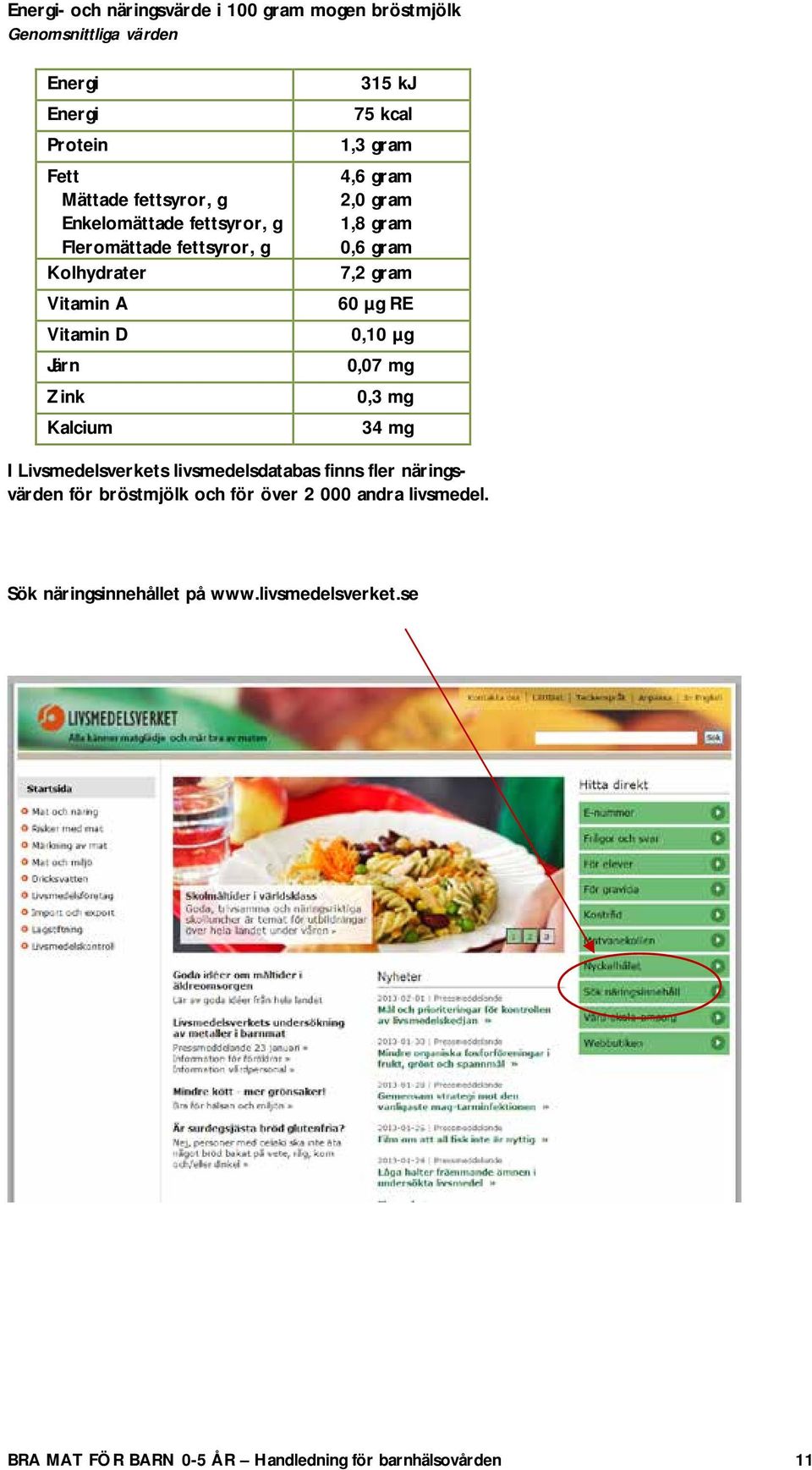 Vitamin D 0,10 µg Järn Zink Kalcium 0,07 mg 0,3 mg 34 mg I Livsmedelsverkets livsmedelsdatabas finns fler näringsvärden för bröstmjölk och