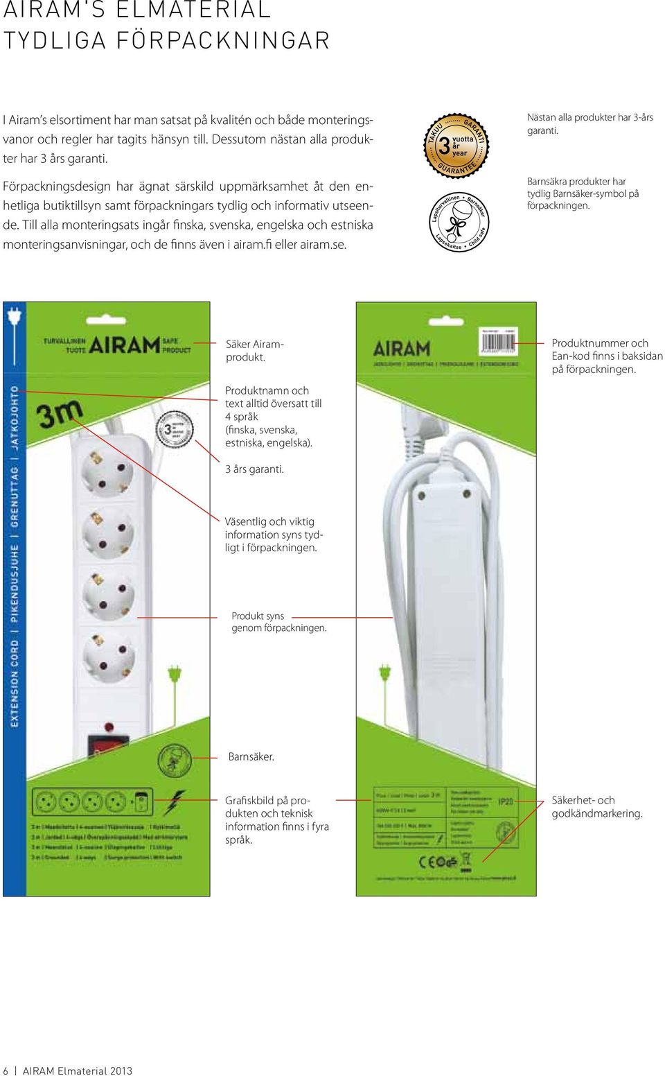 Till alla monteringsats ingår finska, svenska, engelska och estniska monteringsanvisningar, och de finns även i airam.fi eller airam.se. Nästan alla produkter har 3-års garanti.