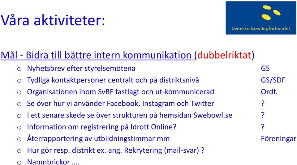 o Se över hur vi använder Facebook, Instagram och Twitter? o I ett senare skede se över strukturen på hemsidan Swebowl.se? o Information om registrering på Idrott Online?