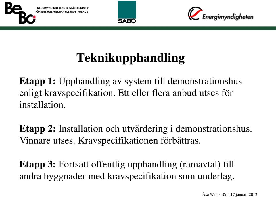 Etapp 2: Installation och utvärdering i demonstrationshus. Vinnare utses.