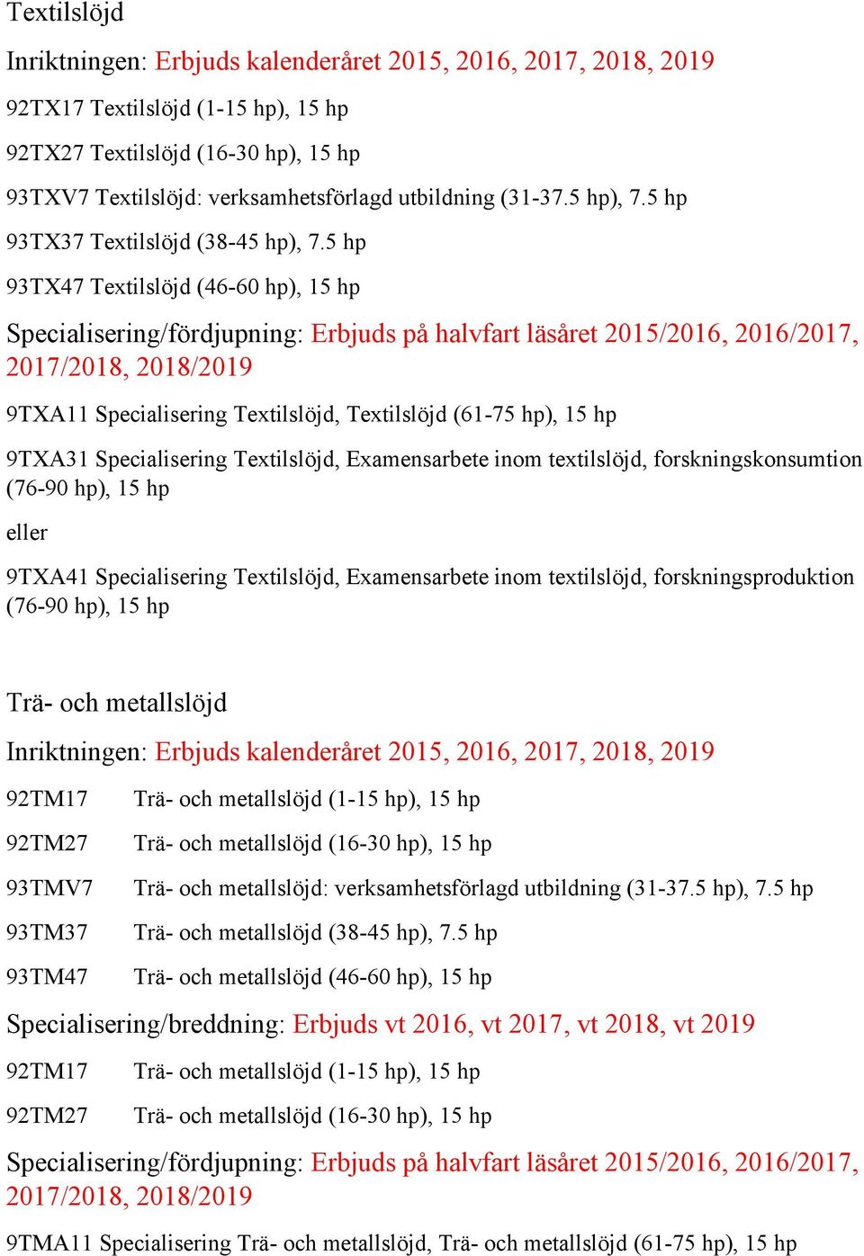 5 hp 93TX47 Textilslöjd (46-60 Specialisering/fördjupning: Erbjuds på halvfart läsåret 2015/2016, 2016/2017, 2017/2018, 2018/2019 9TXA11 Specialisering Textilslöjd, Textilslöjd (61-75 9TXA31