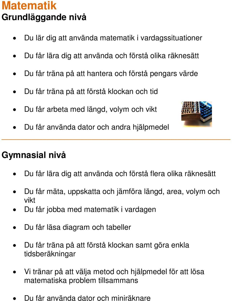 använda och förstå flera olika räknesätt Du får mäta, uppskatta och jämföra längd, area, volym och vikt Du får jobba med matematik i vardagen Du får läsa diagram och tabeller Du