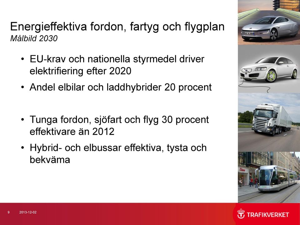 laddhybrider 20 procent Tunga fordon, sjöfart och flyg 30 procent