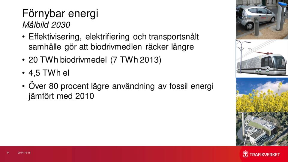 längre 20 TWh biodrivmedel (7 TWh 2013) 4,5 TWh el Över 80