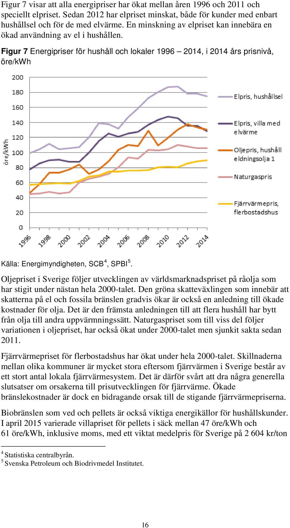 Figur 7 Energipriser för hushåll och lokaler 1996 2014, i 2014 års prisnivå, öre/kwh Källa: Energimyndigheten, SCB 4, SPBI 5.