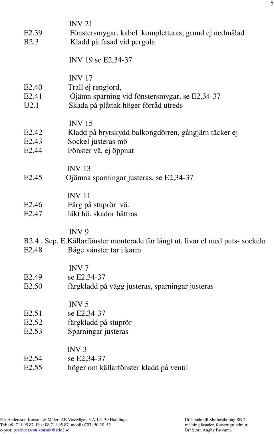 ej öppnat INV 13 E2.45 Ojämna sparningar justeras, se E2,34-37 INV 11 E2.46 Färg på stuprör vä. E2.47 läkt hö. skador bättras INV 9 B2.4. Sep. E.Källarfönster monterade för långt ut, livar el med puts- sockeln E2.