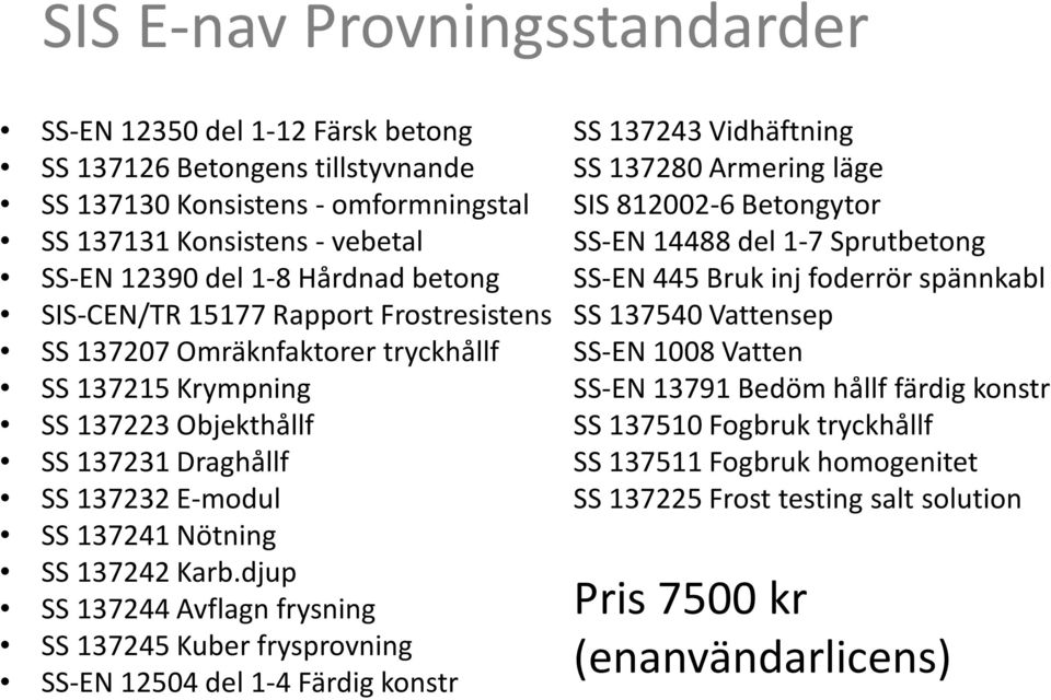 djup SS 137244 Avflagn frysning SS 137245 Kuber frysprovning SS-EN 12504 del 1-4 Färdig konstr SS 137243 Vidhäftning SS 137280 Armering läge SIS 812002-6 Betongytor SS-EN 14488 del 1-7 Sprutbetong