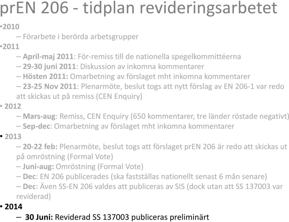 Remiss, CEN Enquiry(650 kommentarer, tre länder röstade negativt) Sep-dec: Omarbetning av förslaget mht inkomna kommentarer 2013 20-22 feb: Plenarmöte, beslut togs att förslaget pren206 är redo att